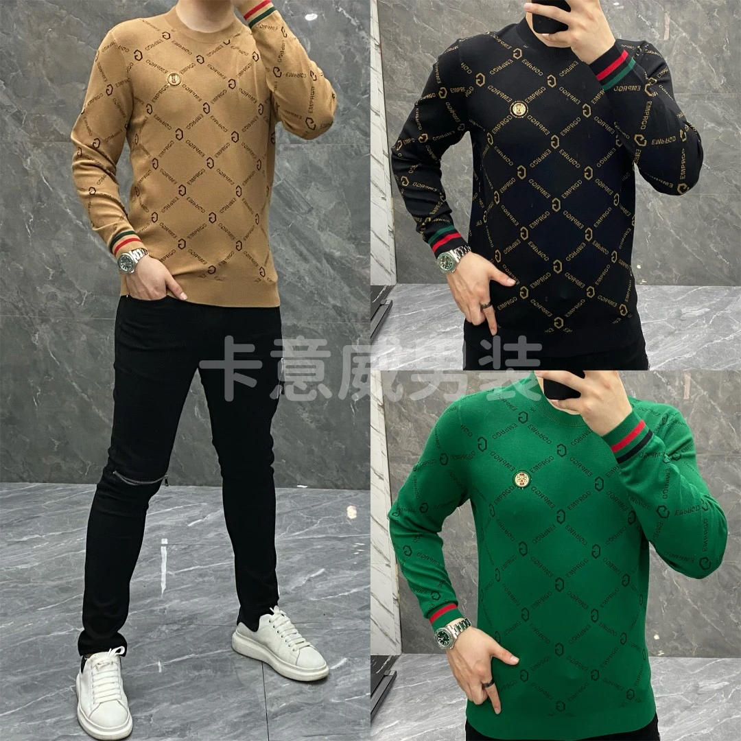 232101秋季新款休闲时尚百搭潮流高品质提花男士修身长袖针织毛衣