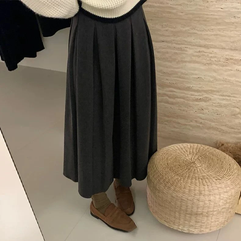 呢料百搭韩系百褶半身裙女2024年新款秋冬加厚百搭西装裙子中长款