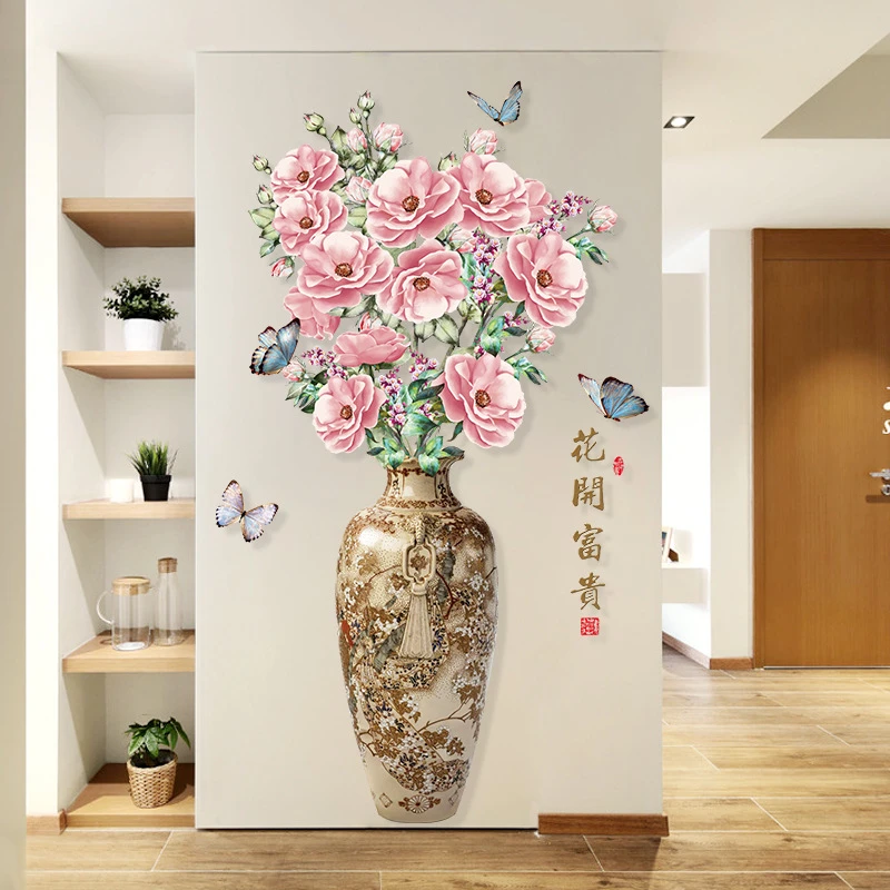 跨境寓意好花开富贵墙贴 中式花瓶客厅餐厅背景装饰可移除墙贴画