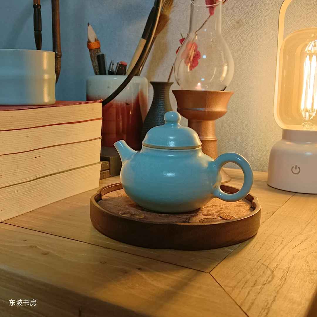 当代 【省大师刘宜颖容天】手作原矿天青色支钉烧香灰胎玛瑙入釉