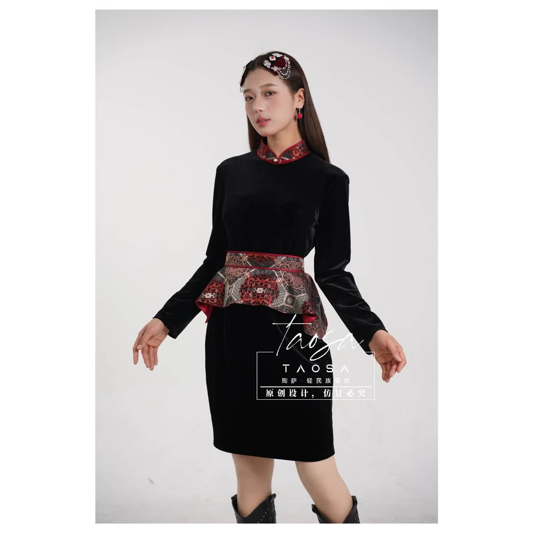 【陶萨】Q004-丝绒拼接黑红金撞色连衣裙 陶萨原创轻民族服饰