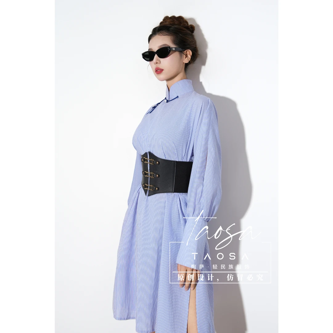 【奈斯专属】Q037-设计师款条纹衬衫裙 陶萨原创轻民族服饰蒙古气质