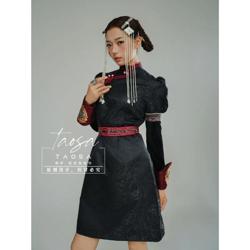 【陶萨】Q048-锦缎拼接短袍连衣裙 陶萨原创轻民族服饰