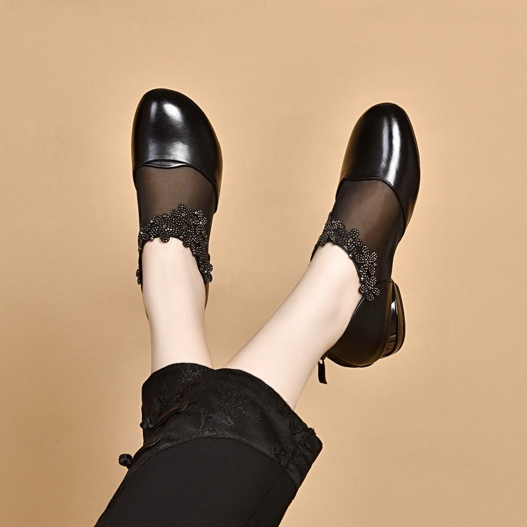 8210新款头层牛皮网纱花朵水钻小单鞋低跟真皮