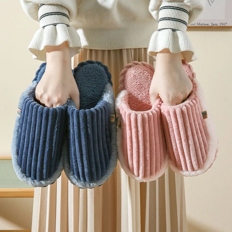 冬天新款条纹棉拖鞋女居家室内防滑耐磨情侣款保暖舒适软底拖鞋