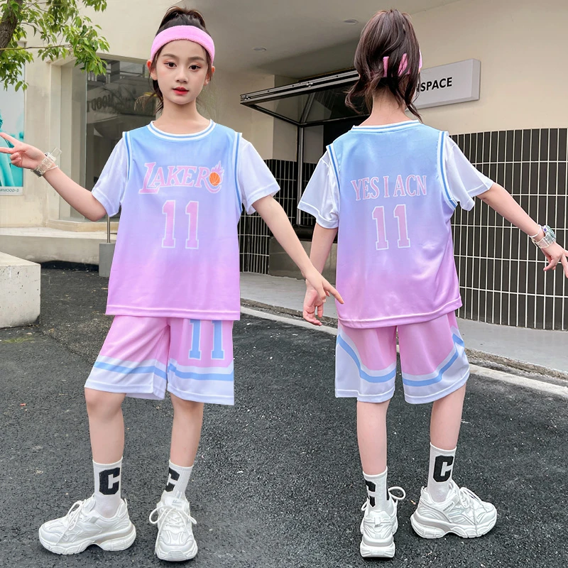 中大童女童网红套装夏季新款儿童洋气6-12岁短裤速干运动篮球服