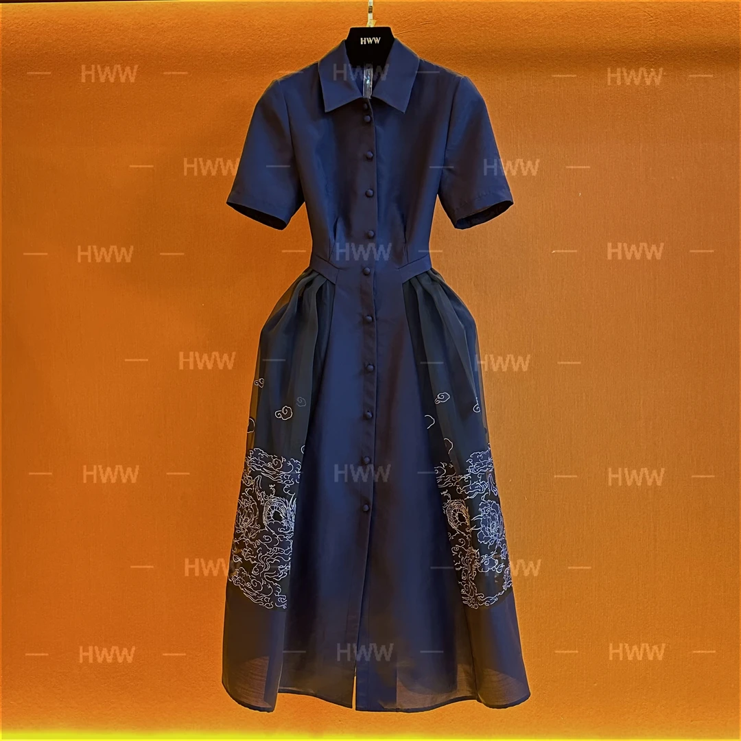 HWW轻奢设计师短袖时尚优雅法式气质大气日常收腰连衣裙女HYL603