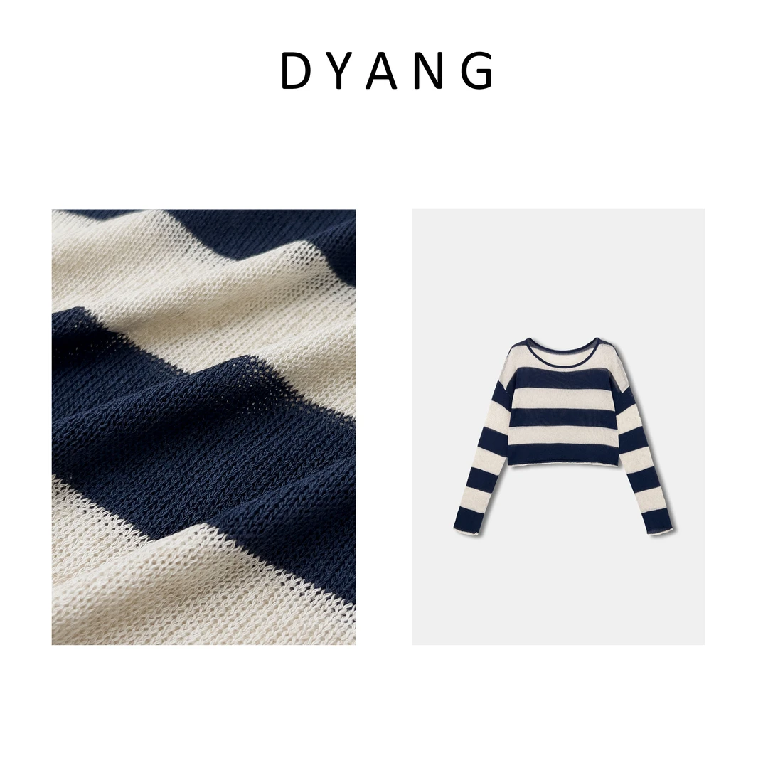DYANG【条纹控】长袖针织衫时尚复古宽松圆领秋冬套头撞色YS210