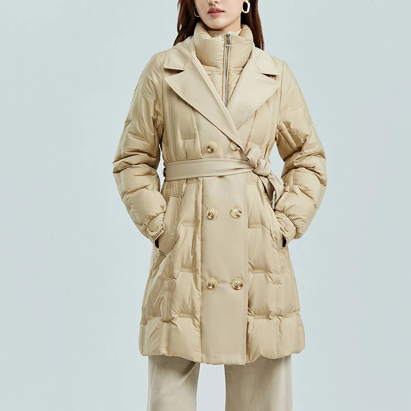 风衣式鹅绒服翻领收腰酷飒风保暖时尚大码百搭压胶90白鹅绒外套女