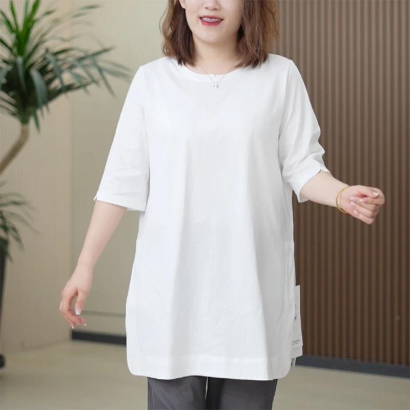 侧开叉净版领口开口宽松大码显瘦遮肉T恤简约时尚中长款上衣女潮