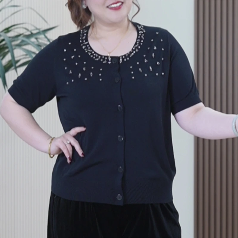 重工氧气冰丝针织衫女大码弹力开衫纯手工钉珠柔软百搭凉感外套