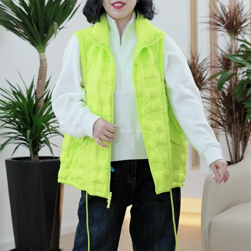 D捏褶90白鸭绒羽绒马甲女大码显瘦抽绳简约百搭抗风立领时尚外套