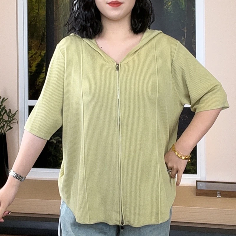 凉感降温冰丝针织衫女大码弹力开衫外套弧形衣摆双头拉链连帽上衣