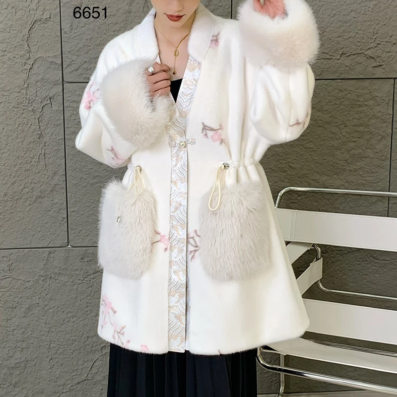 6651人造环保貂绒仿皮草时尚保暖抗风宽松大码中长款棉服外套女