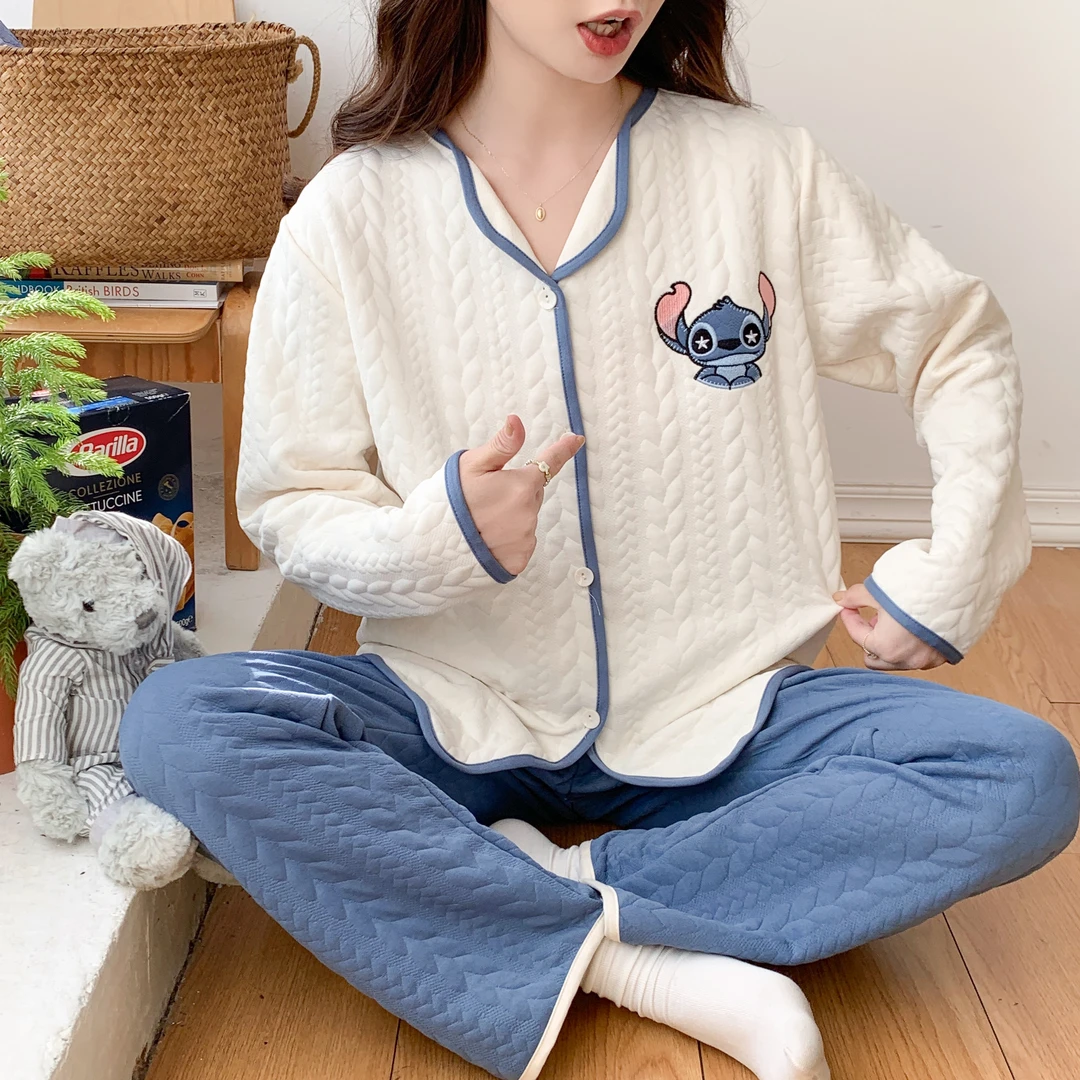 【夹层蓝色史迪仔】长袖睡衣女保暖空气棉可爱卡通学生秋冬季家居服