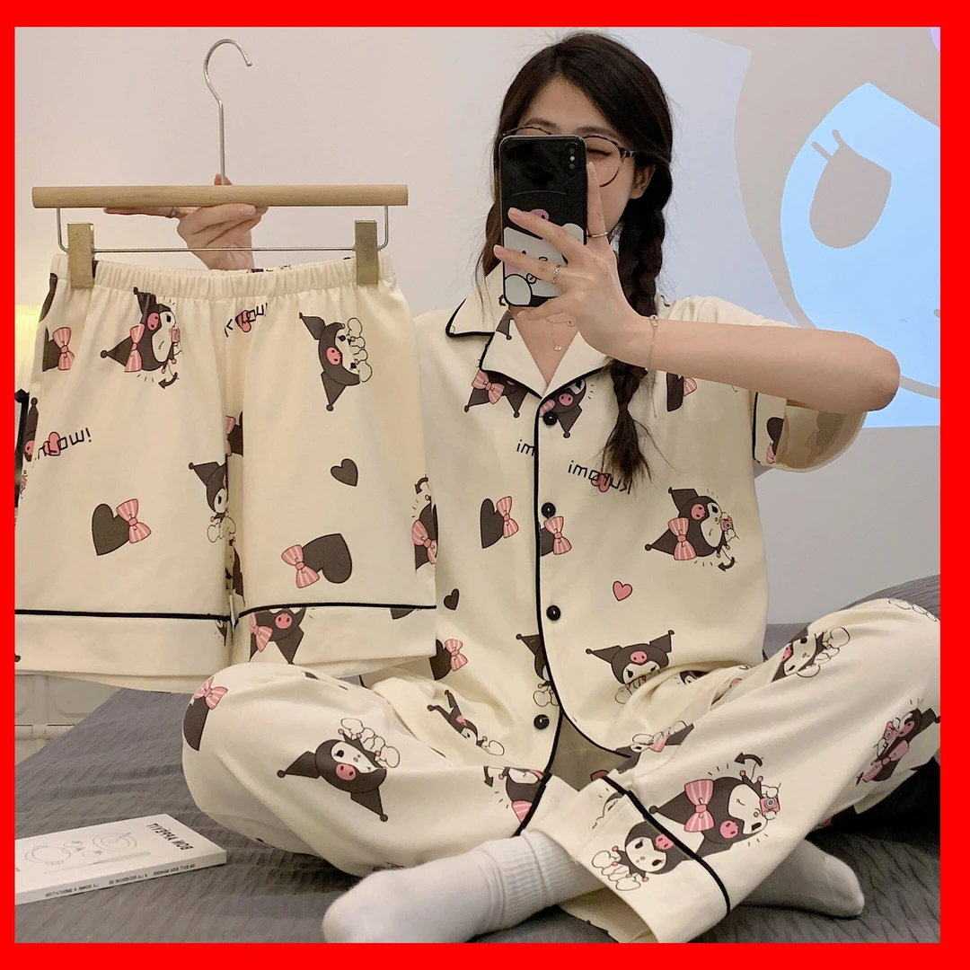 甜美睡衣女夏季短袖长裤三件套爆款网红睡衣学生可外出家居服套装