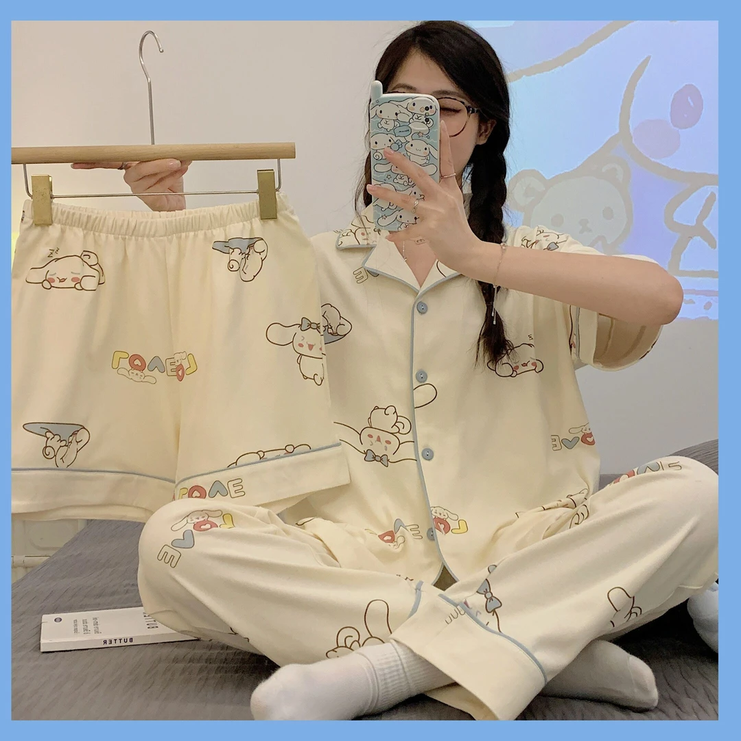 2023新款卡通甜美短袖长裤三件套睡衣女夏ins网红同款家居服套装