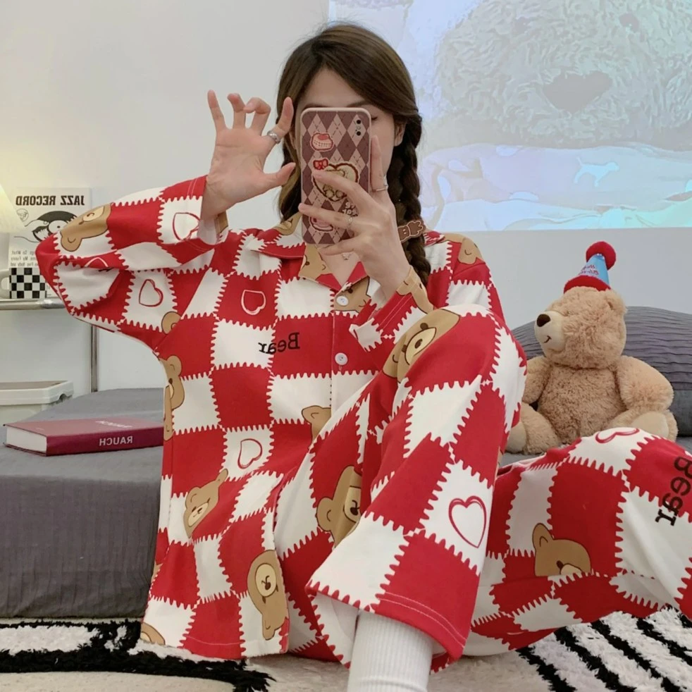 【红格】睡衣女长袖秋冬网红ins风时尚女士春秋家居服套装甜美