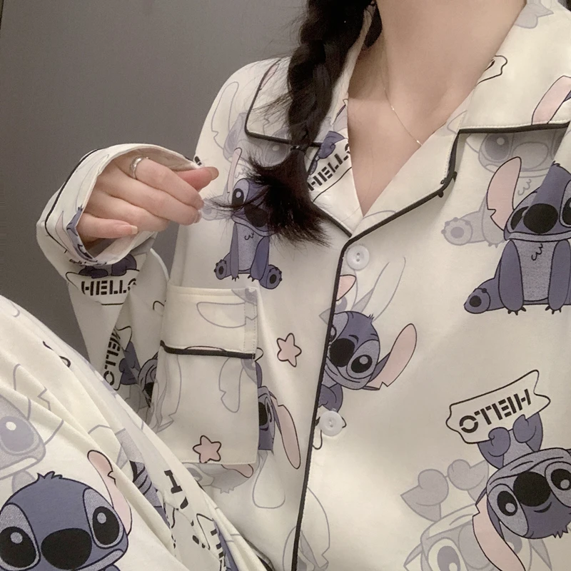睡衣女春秋长袖网红ins风可爱卡通史迪仔女士高颜值睡衣家居服