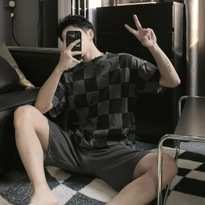 潮牌卡通男士睡衣男夏季短袖圆领青年休闲家居服薄款宽松大码套装