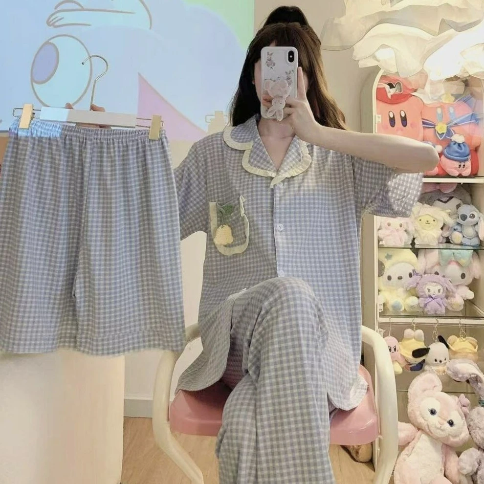 夏季翻领短袖长裤三件套睡衣女卡通网红同款春秋季学生家居服套装