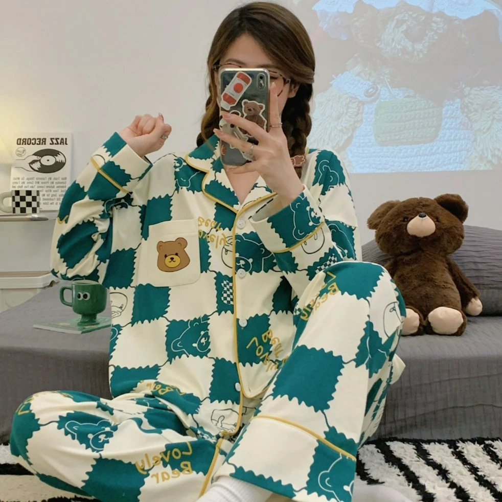 春夏女士可爱卡通开衫韩系长袖睡衣少女学生秋冬网红套装家居服
