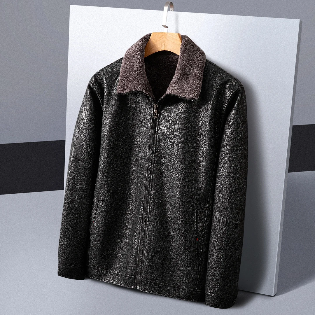 7061#时尚商务皮衣外套立领男款秋冬黑色男士立领