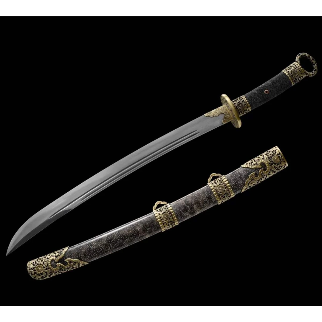 【11】天子鱼皮盛世清刀珍珠鱼皮外鞘黄铜镂空装具百炼花纹钢刃