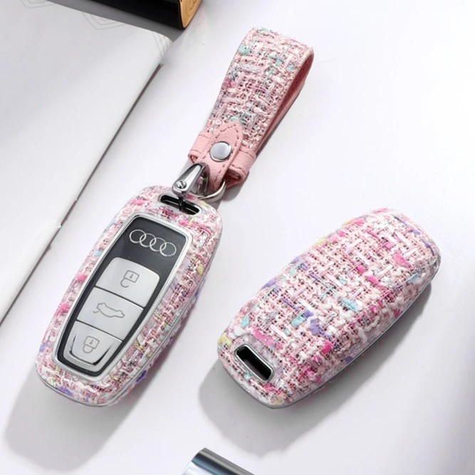 适用于奥迪钥匙套23款A3/A6L/A7q7a8q4etron高级感时尚粉壳女神扣