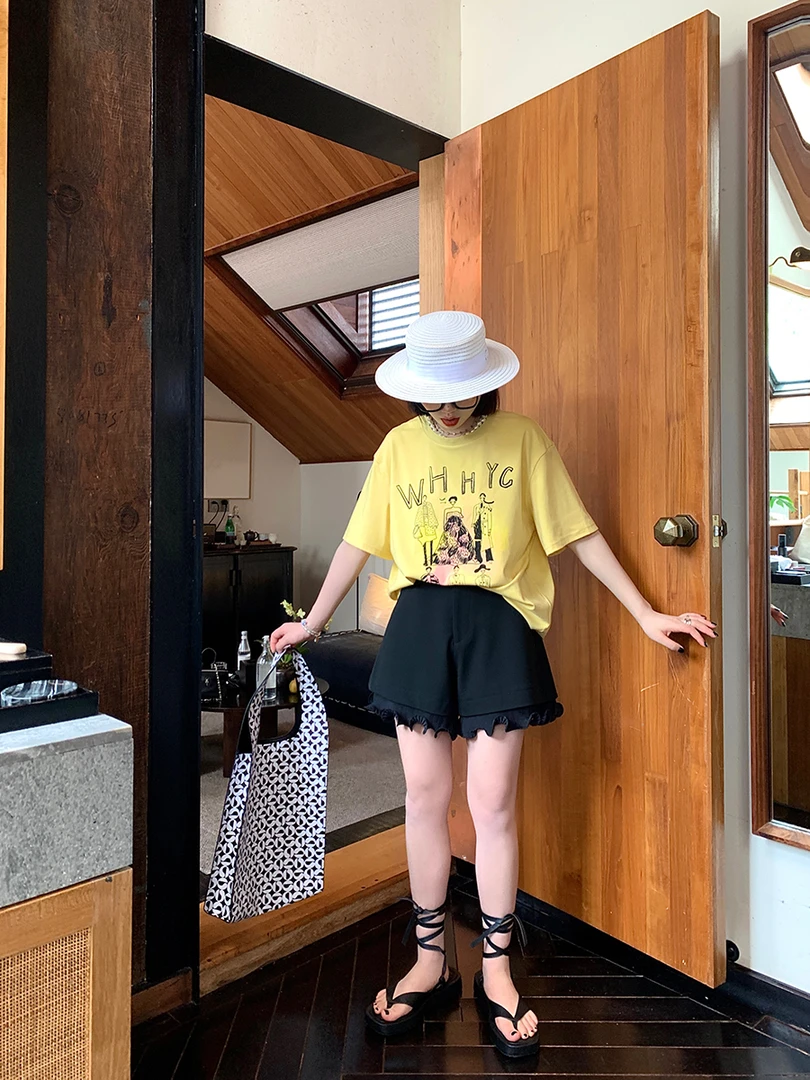 高腰拼接短裤阔腿裤西装裤女