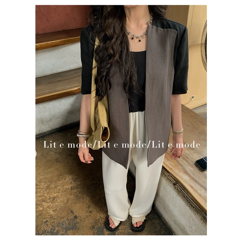 【3折断码 闭店福利】棉麻百搭拼接小西装女外套上衣短袖亚麻西服