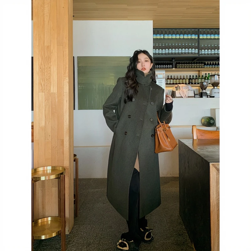Lit e mode黑色羊毛双面呢外套女秋冬韩版宽松气质中长款A1487