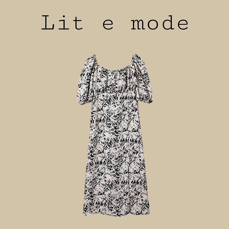 Lit e mode法式一字肩碎花连衣裙收腰显瘦打底茶歇裙初恋裙复古夏
