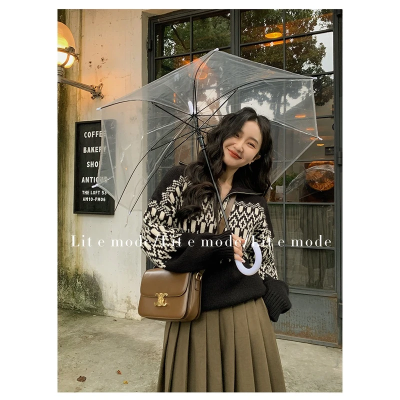 Lit e mode撞色雪花高领毛衣慵懒风秋冬新款拉链宽松外穿衫A1525