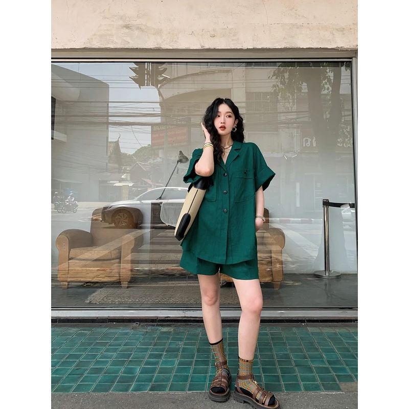 【3折断码 闭店福利】亚麻衬衫薄款短袖文艺棉麻衬衣阔腿短裤两件套