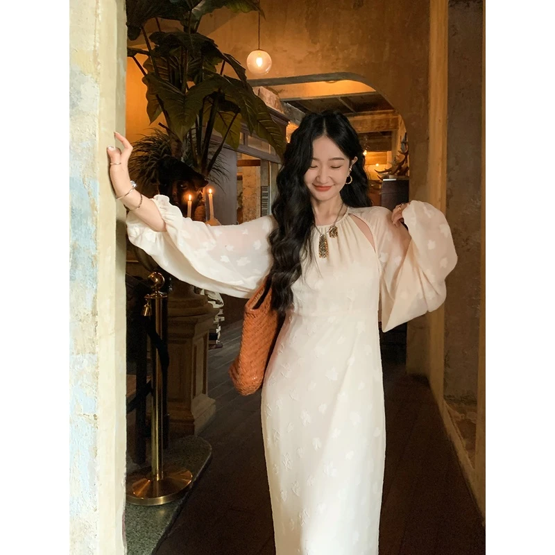 【3折断码 闭店福利】法式假两件感提花连衣裙春夏显瘦白色气质长裙