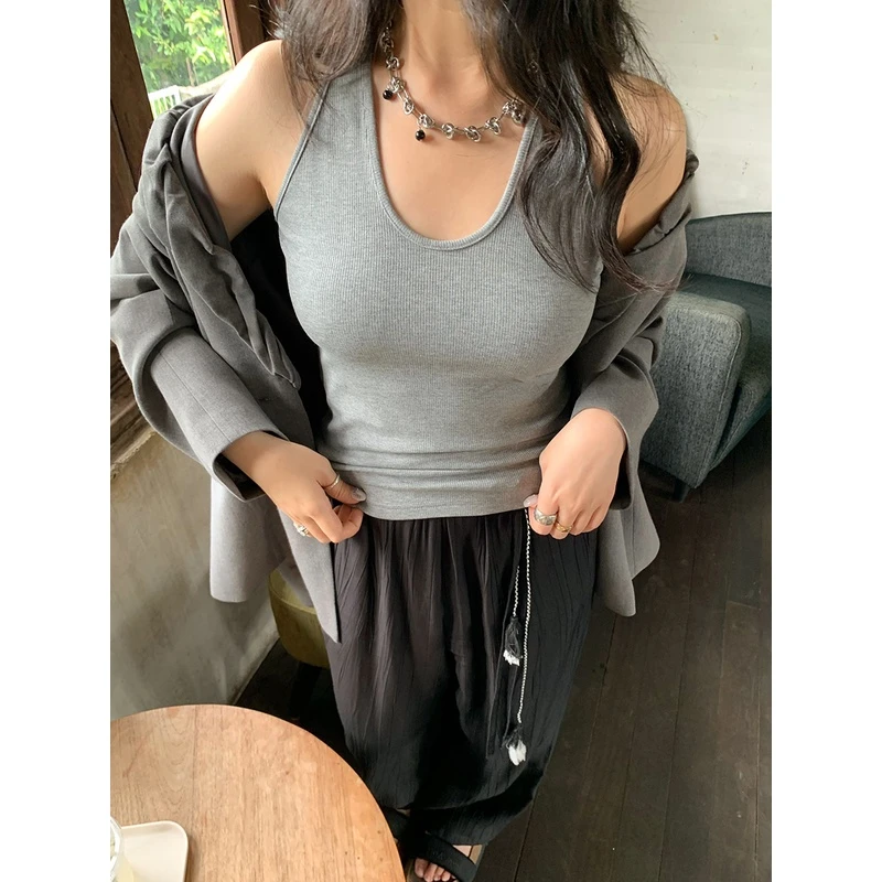 任小艺 挂脖背心女外穿弹力修身无袖u领上衣设计感打底衫春秋内搭