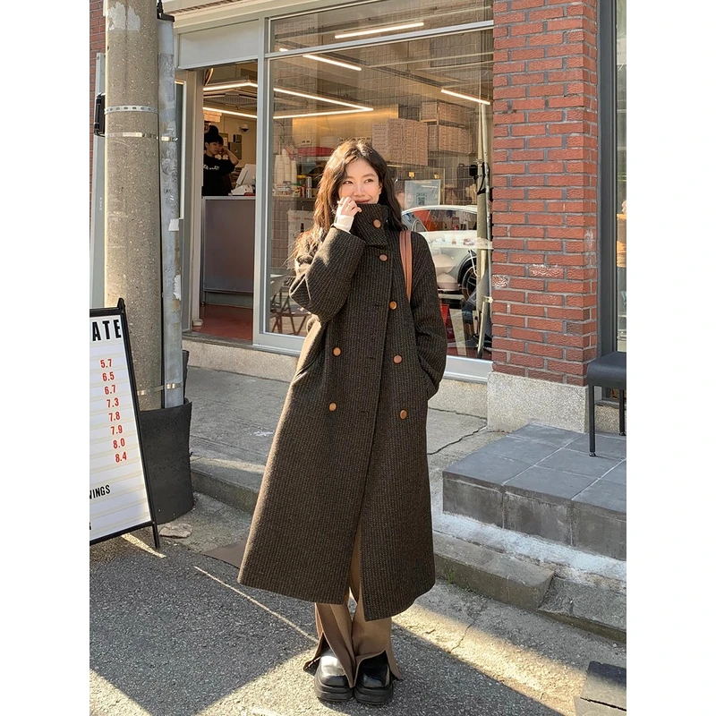 Lit e mode   双排扣纹理呢大衣长款毛呢外套