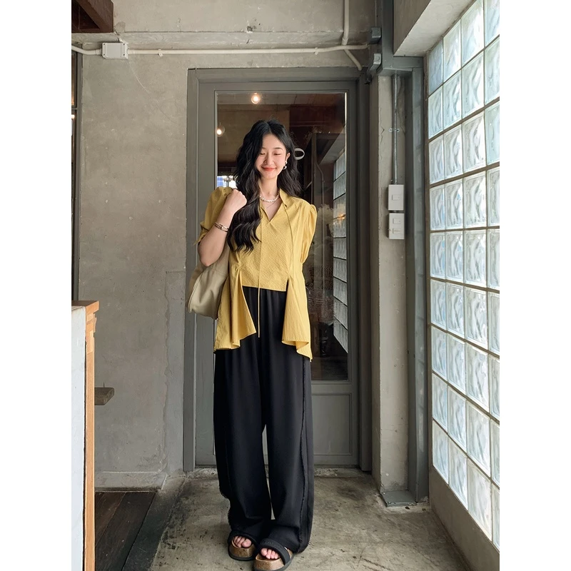 任小艺不规则短袖上衣显瘦休闲衬衫女设计感小众百搭白色衬衣