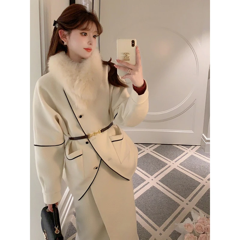 胡诗萌Mimo小茗萌冬季法式高级感毛呢短外套半身裙套装女两件套