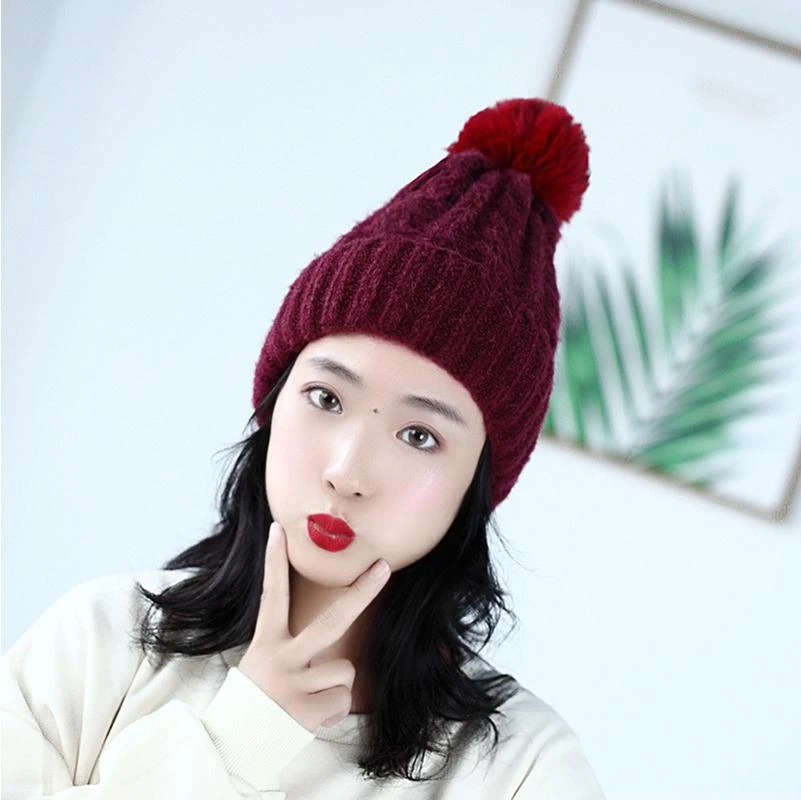 韩版毛球保暖毛线帽新款加厚编织针织帽简约时尚毛球帽子