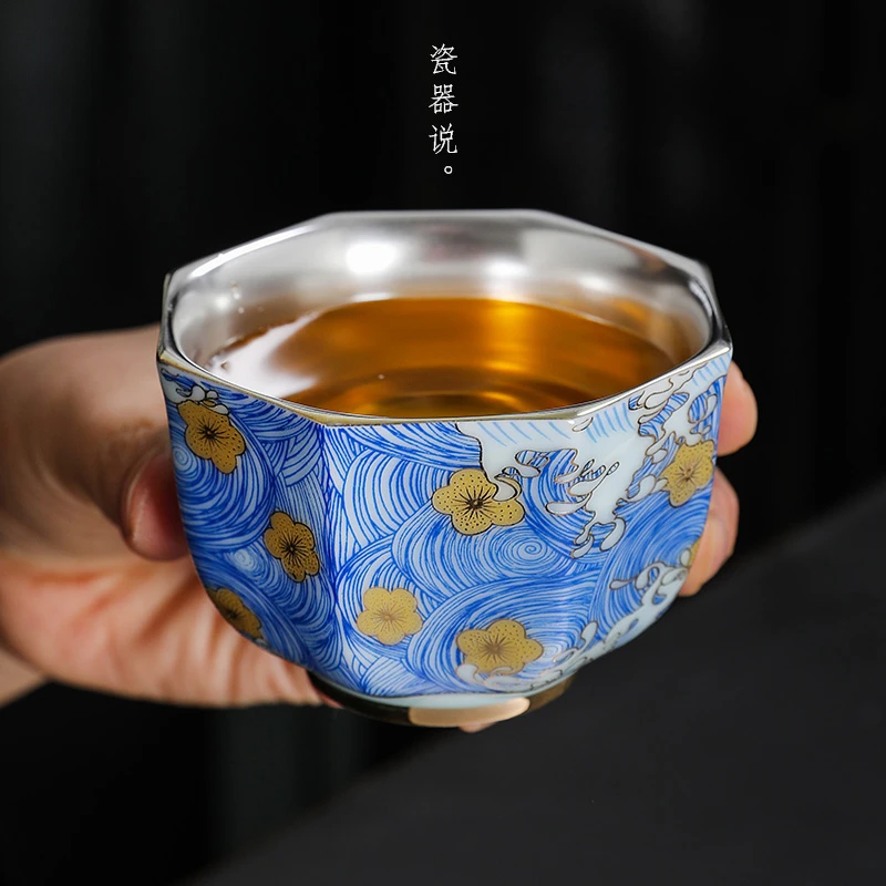 鎏银陶瓷茶杯主人杯高档个人专用单杯中式八方品茗杯茶盏功夫茶具