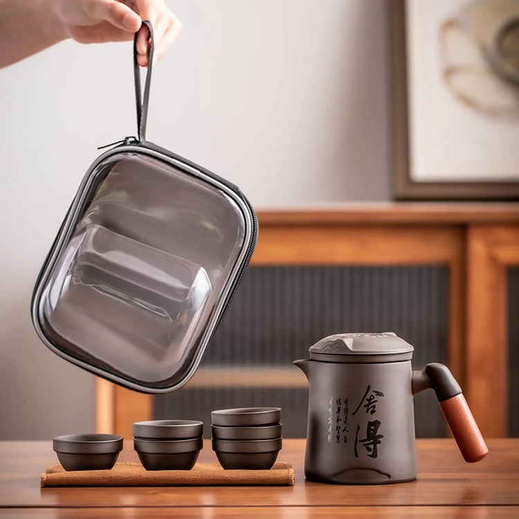 紫砂茶壶艺术快客杯一壶六杯 便捷式户外旅行泡茶茶具出差便携式
