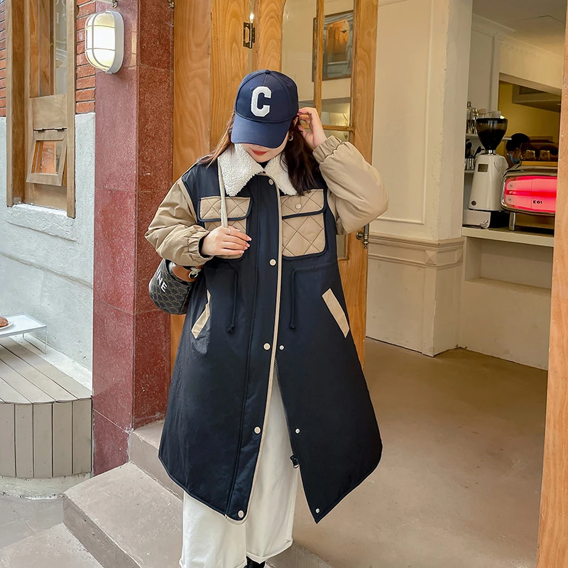 2240大码女装冬季韩版撞色棉服 胖MM加厚中长款外套200斤