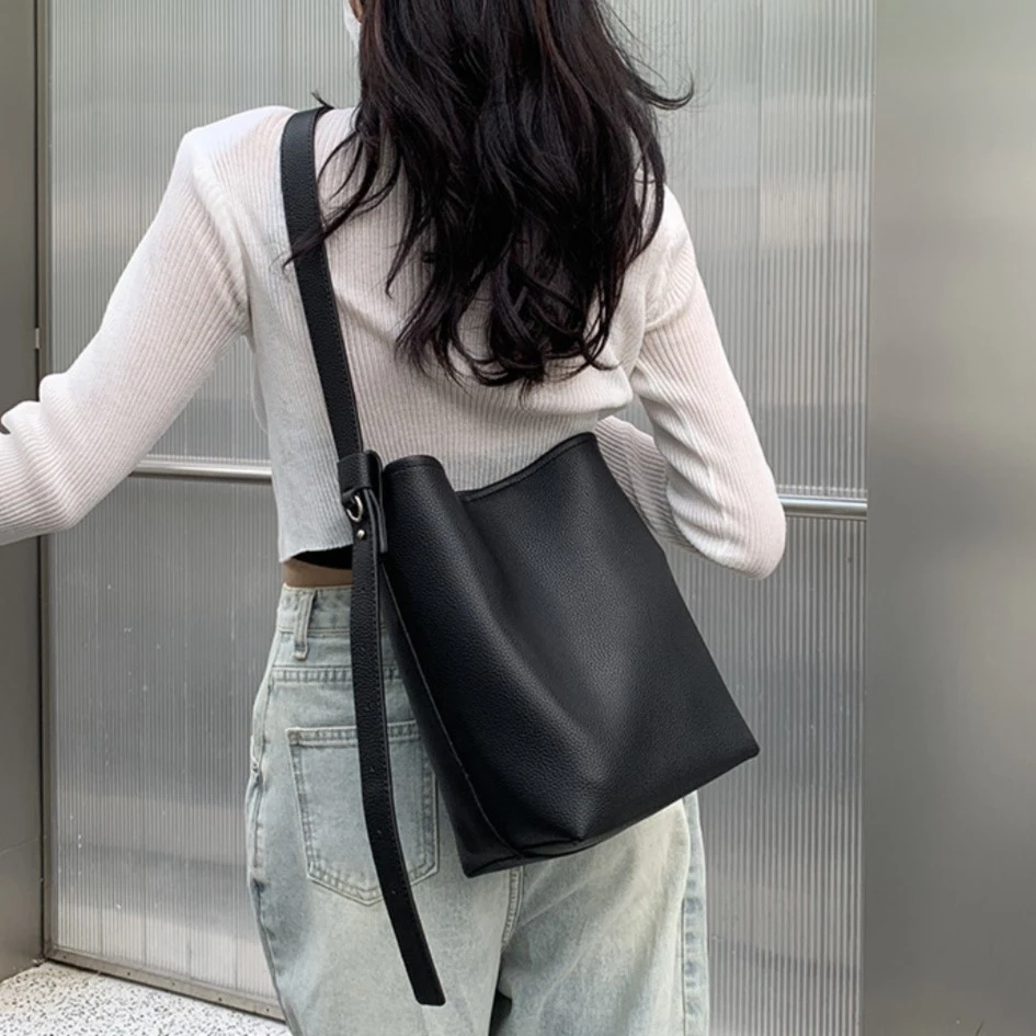 包包质感荔枝纹斜挎子母包轻复古女休闲简约大容量黑色单肩包百搭