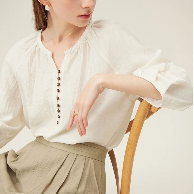 2025法式亚麻衬衫女夏款七分袖气质通勤上衣宽松慵懒风01864