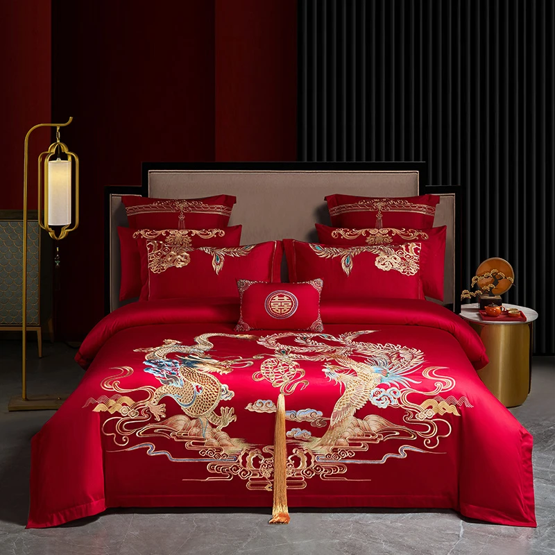 新款婚庆四件套结婚陪嫁大红床上用品全棉长绒棉高端刺绣锦绣传承