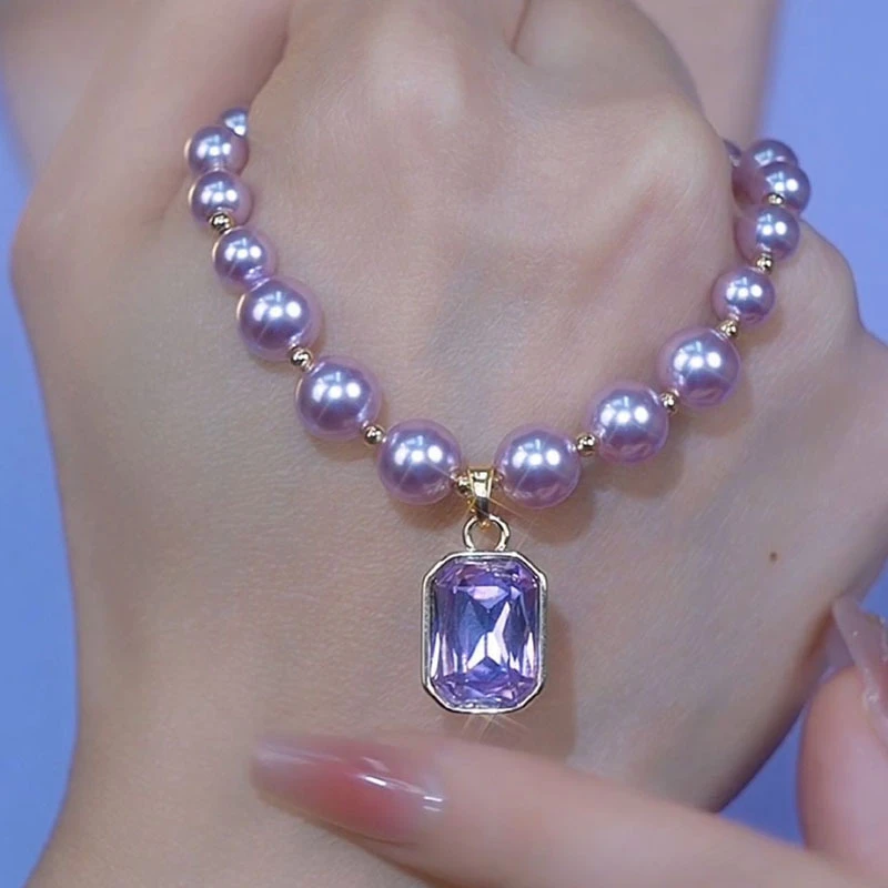 铜合金项链 紫色糖果色方糖项链毛衣链气质轻奢时尚梦幻紫色项链