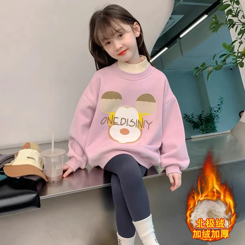 女童秋装2023年加绒春秋新款洋气儿童春装中大童加厚半高领上衣潮