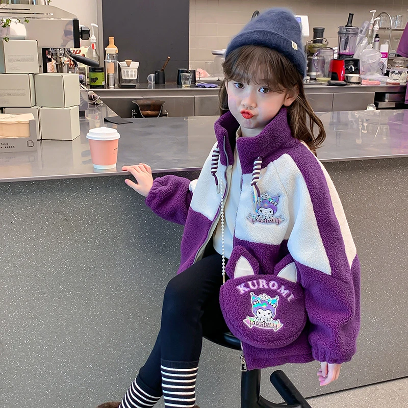 送包包秋冬季新款女童宝宝时髦拼色羊羔绒加绒加厚毛毛衣保暖外套